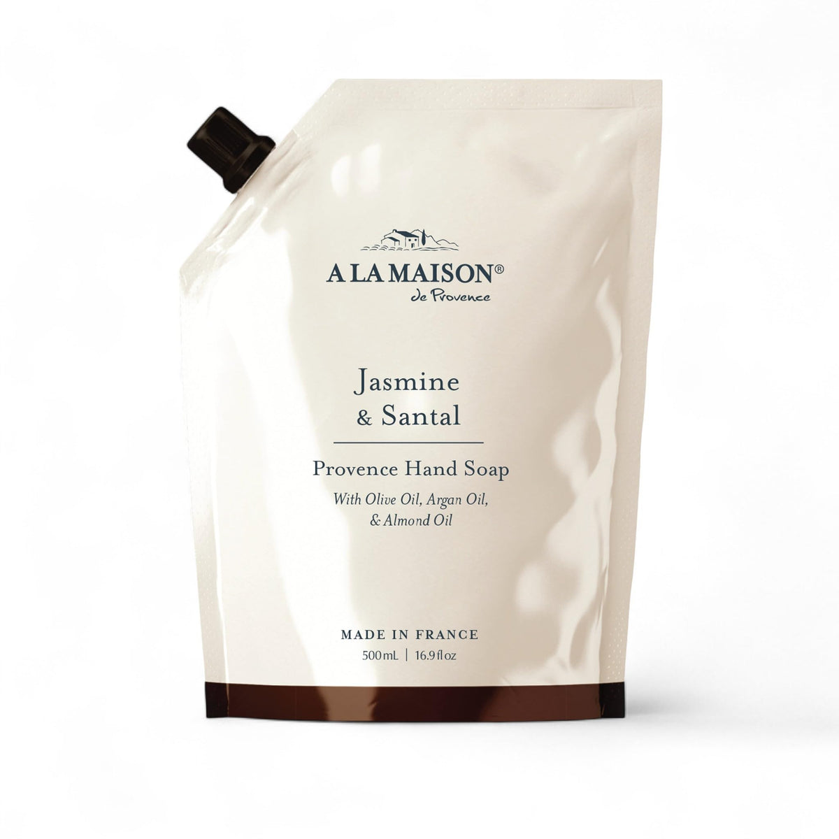A LA MAISON front pouch showing jasmine and santal scent and eco benefit