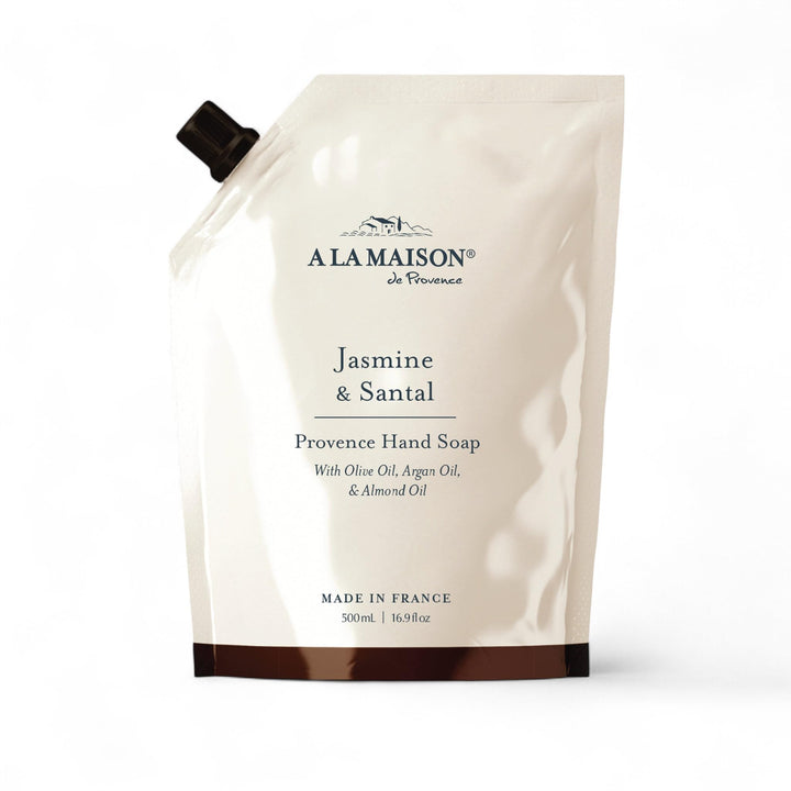 A LA MAISON front pouch showing jasmine and santal scent and eco benefit