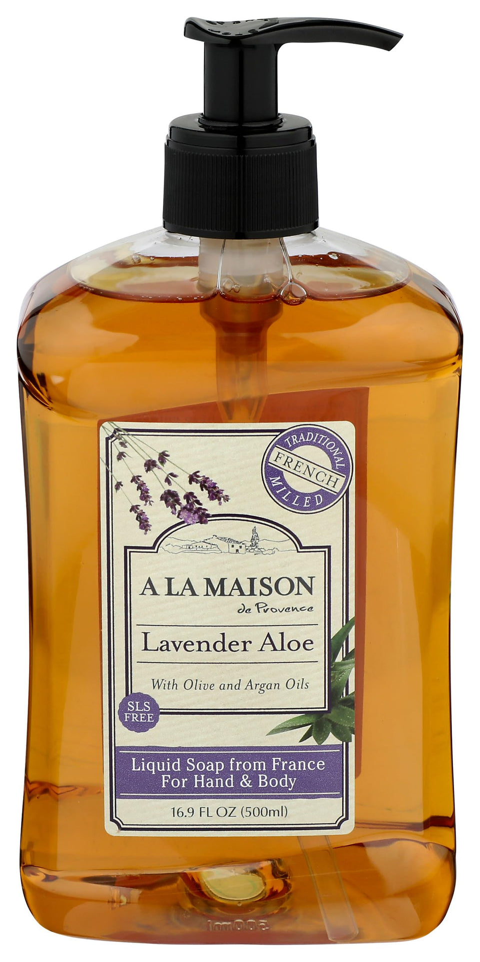 A LA MAISON front bottle view showing lavender aloe scent and gentle benefit