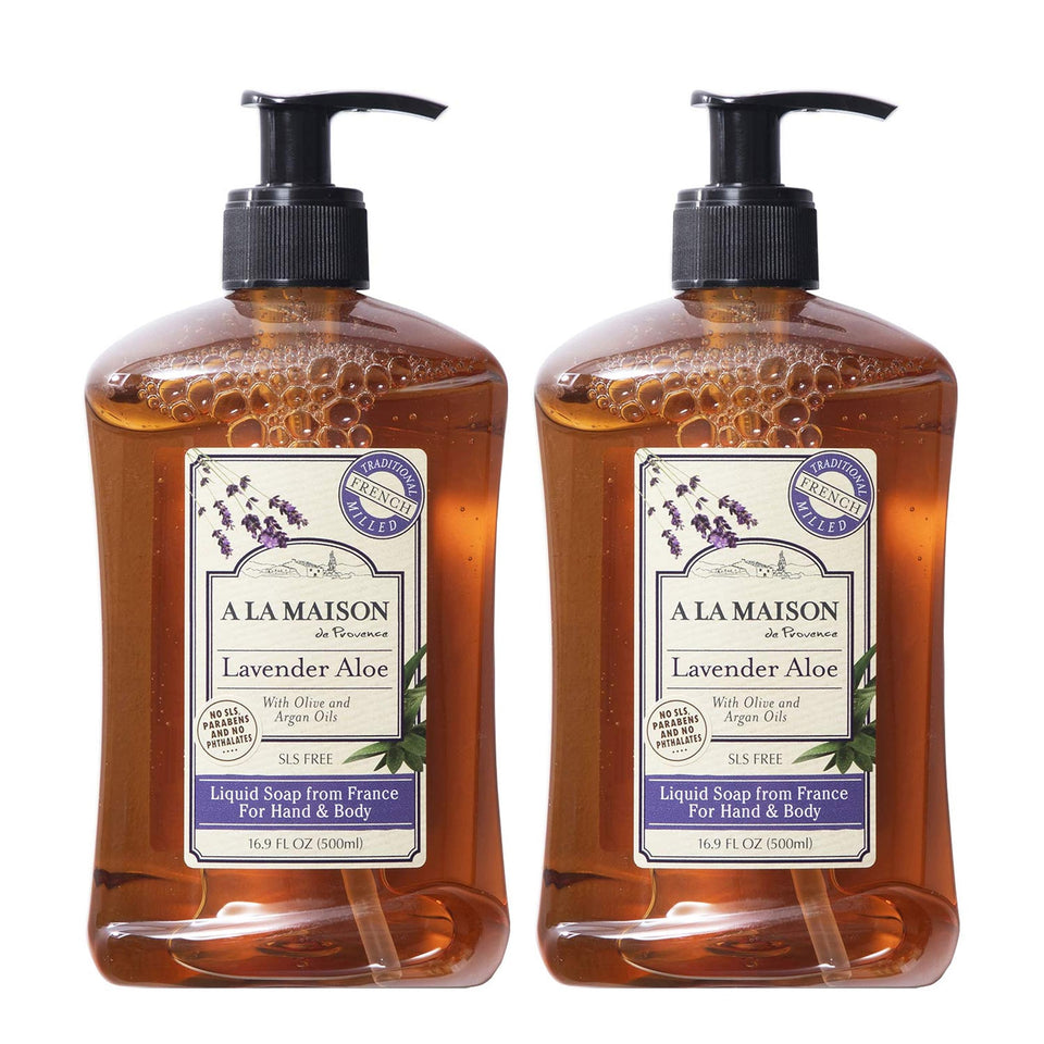 A LA MAISON front packaging showing two bottles and lavender fragrance benefit