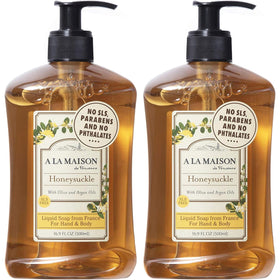 A LA MAISON front packaging showing two bottles and honeysuckle scent, elegant presentation benefit