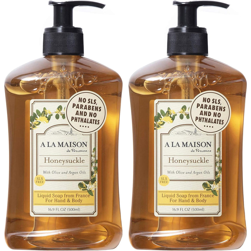 A LA MAISON front packaging showing two bottles and honeysuckle scent, elegant presentation benefit