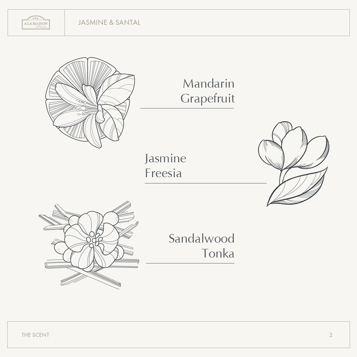 A LA MAISON label detail showing botanical ingredients and safety info