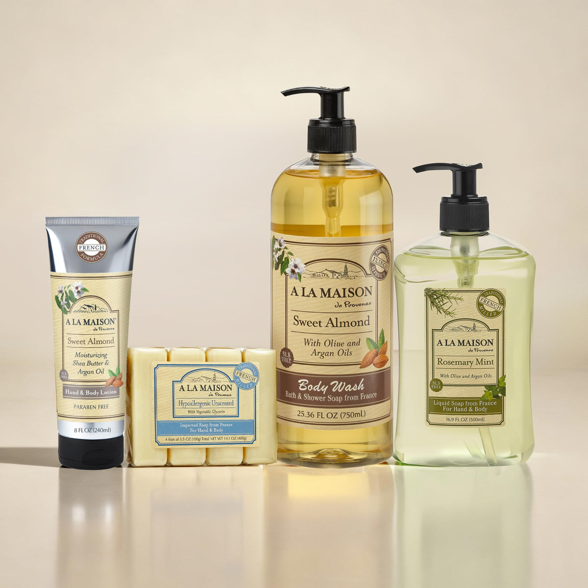 A LA MAISON lifestyle bathroom counter with bottles showing elegant home appeal benefit