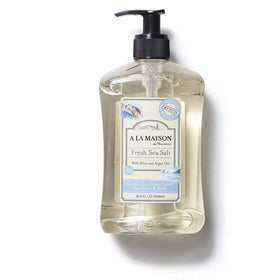 A LA MAISON front bottle view showing sea salt scent and elegant label benefit gentle cleanse