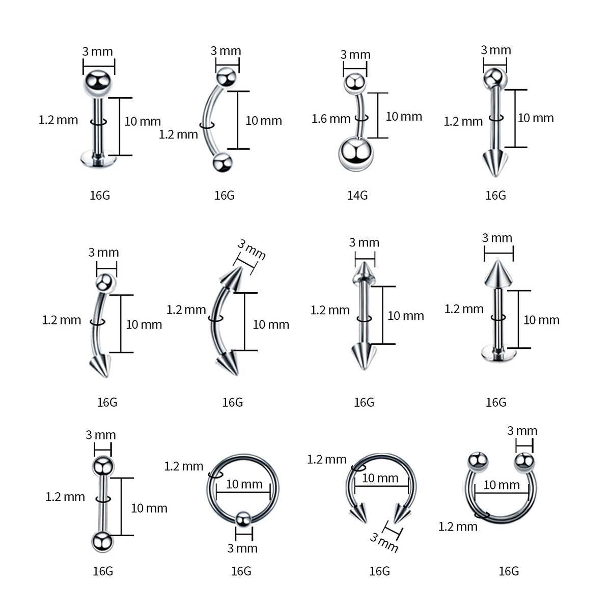 A-minusone jewelry spread displaying varied 14G and 16G pieces for convenience