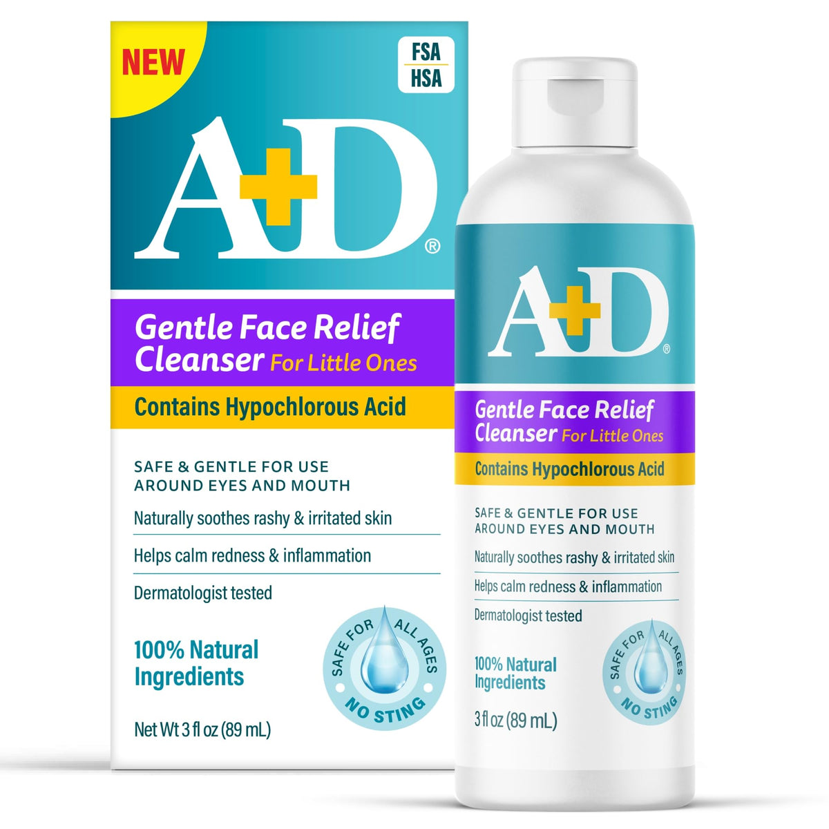 A+D front bottle showing gentle face relief cleanser benefits