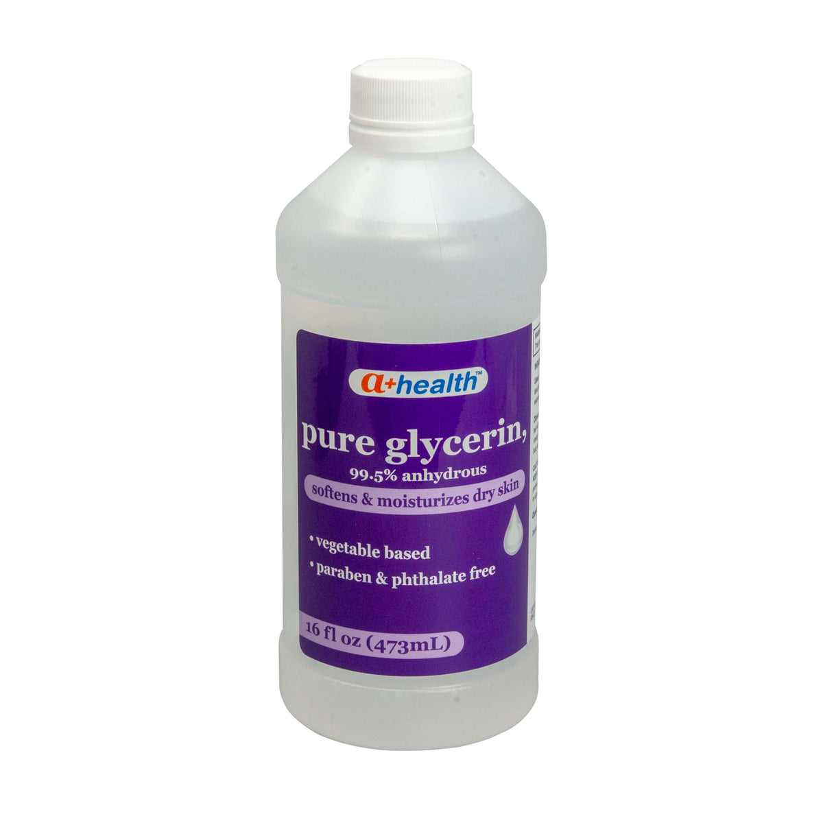 A+Health bottle front label showing 16 ounce glycerin and vegetable-based benefit