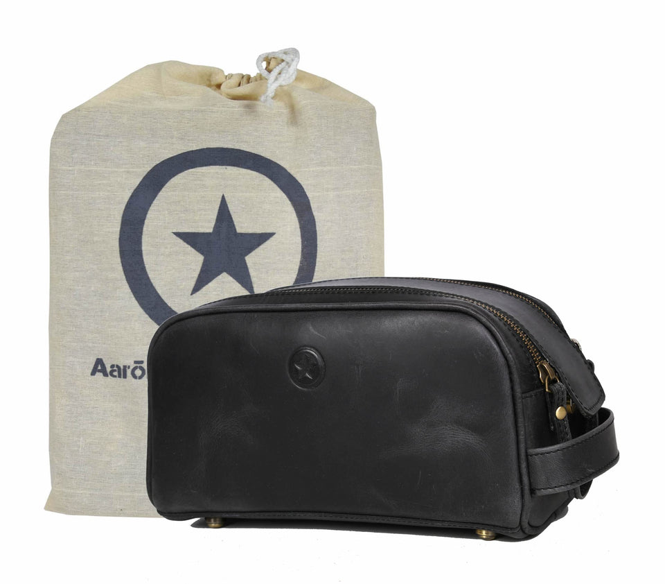 AARON LEATHER GOODS front pouch view shows sleek design and organized travel benefit