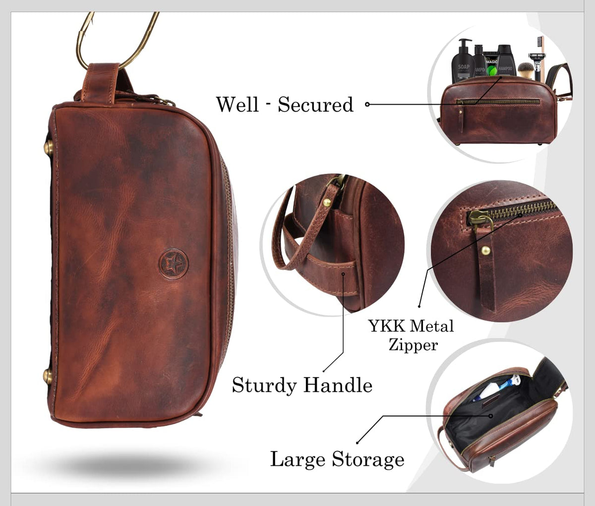 AARON LEATHER GOODS open top view displaying waterproof lining for easy cleaning