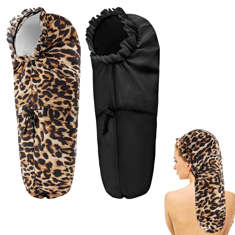 Abeillo front view of black and leopard shower caps showing convenient two-pack storage