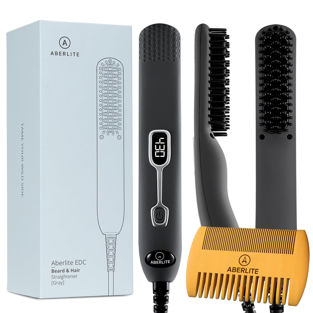 Aberlite front view of gray heated beard straightener showing shape and buttons for styling convenience