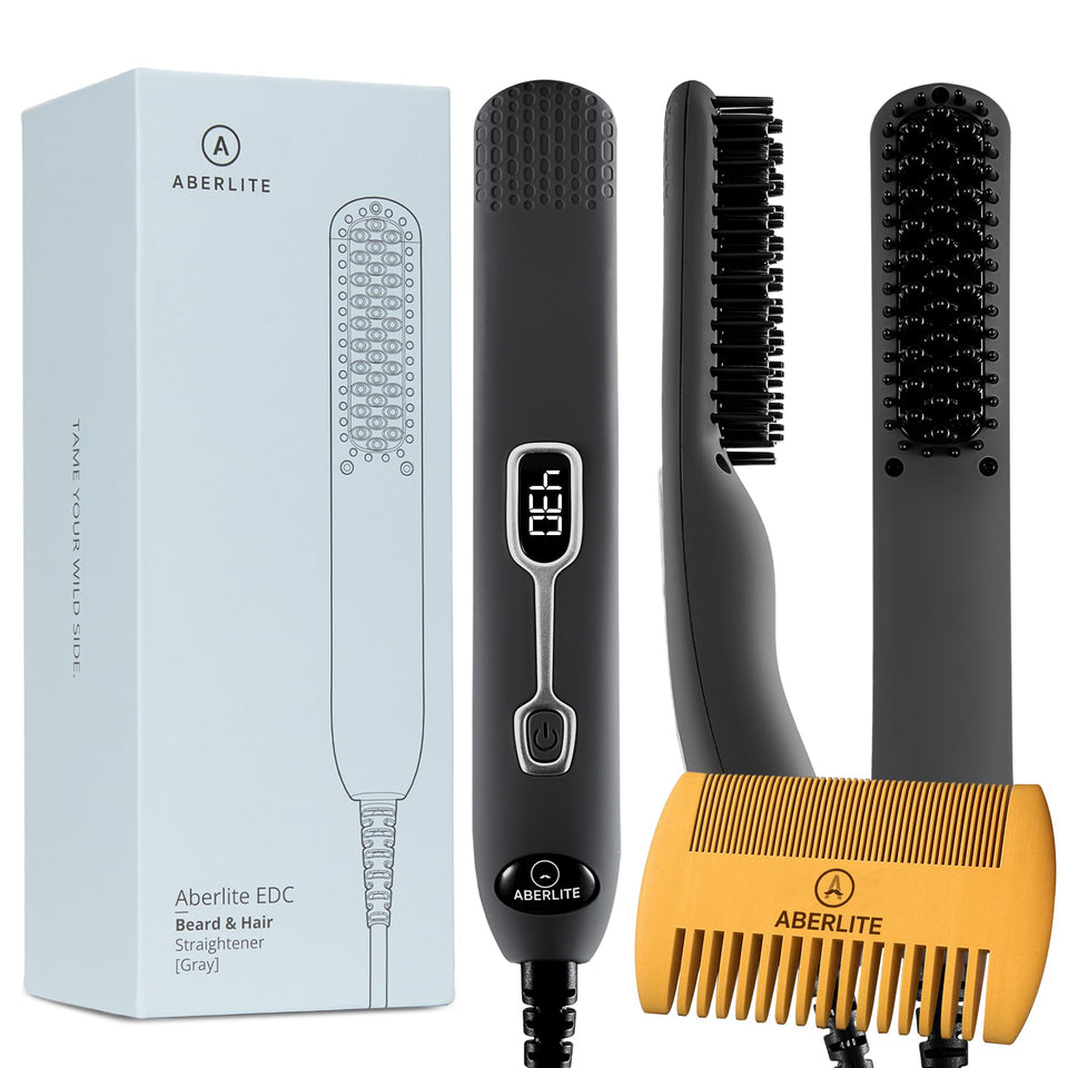 Aberlite front view of gray heated beard straightener showing shape and buttons for styling convenience