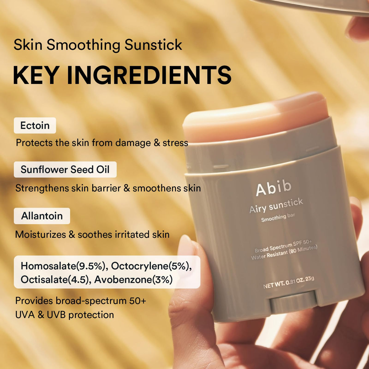 abib sunstick being applied to face for fast, mess-free SPF50+ coverage benefit