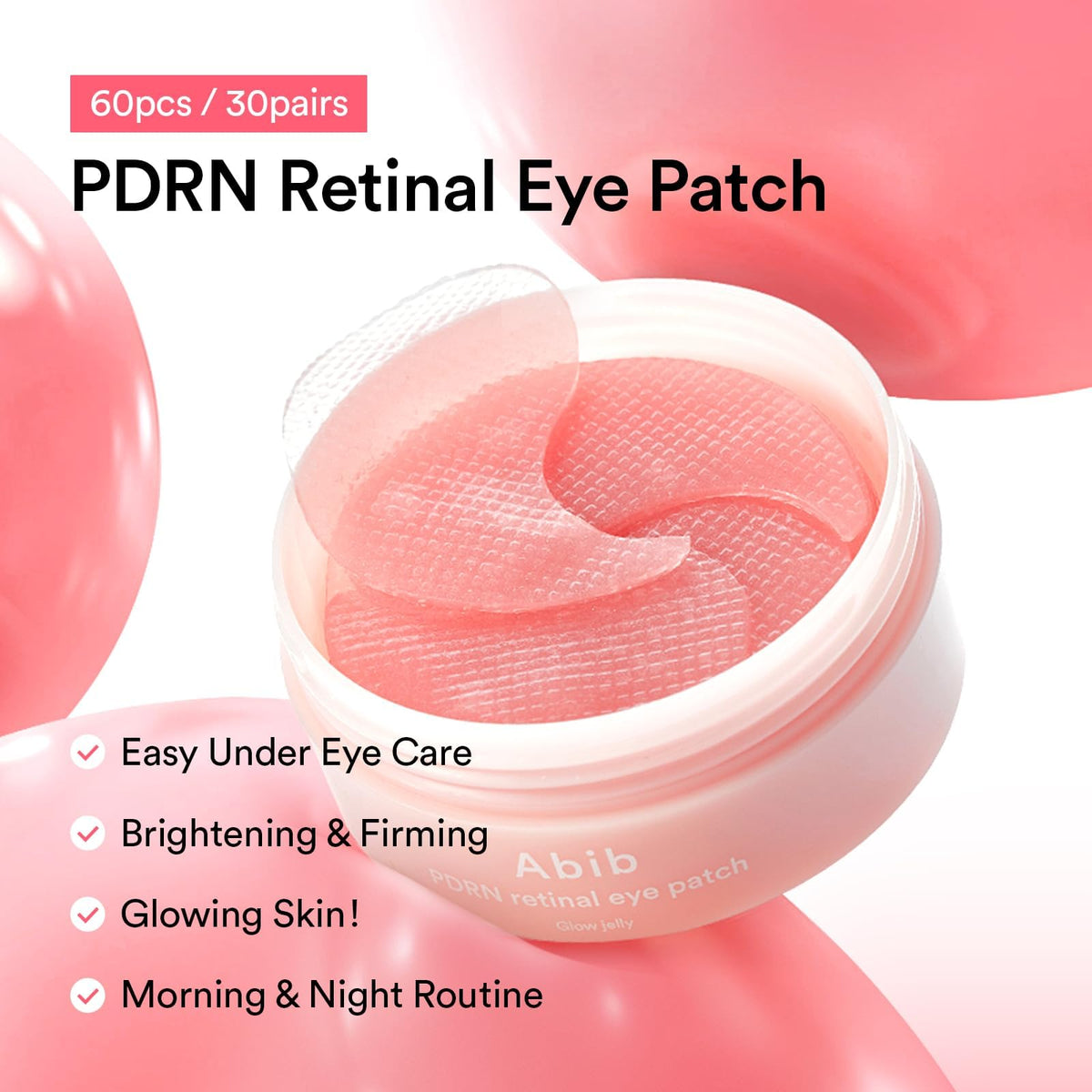 Abib application under-eye demonstration showing patches staying in place and reducing puffiness