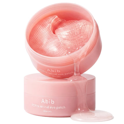Abib front packaging showing 60-count PDRN retinal patches and benefit refreshes eyes