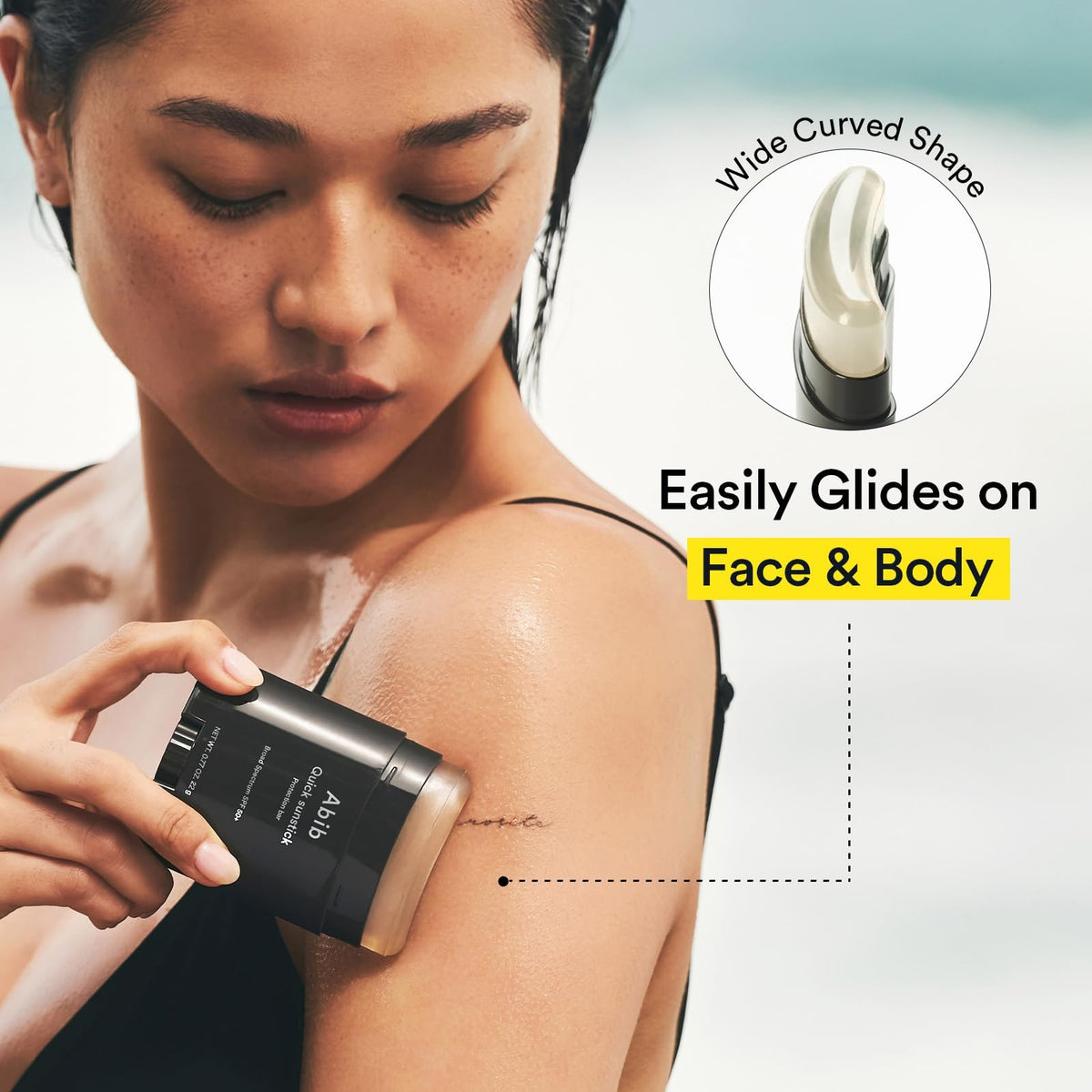 Abib applying sunstick to cheek demonstrating precise, mess-free sun protection