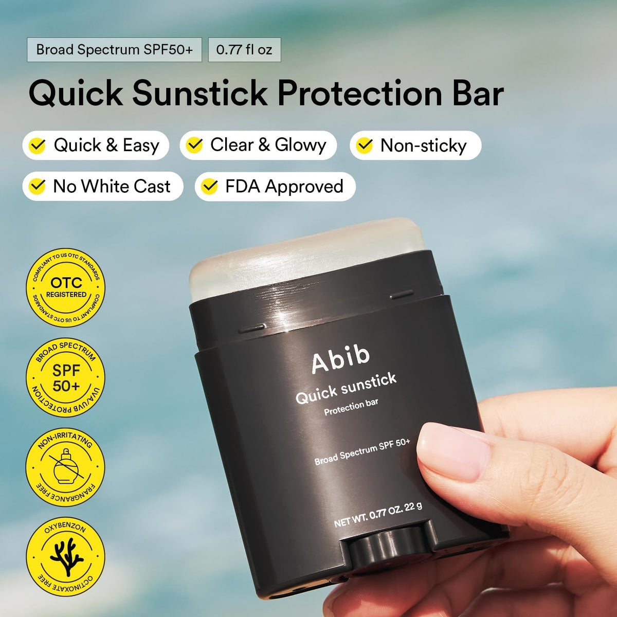 Abib sunstick ingredients label highlighting centella, aloe, and green tea extracts
