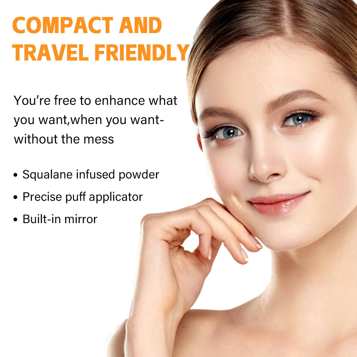 Abomet lifestyle woman touching up hair with compact for confidence boost
