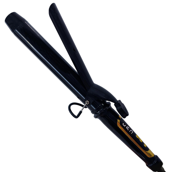 abp front view curling iron shows sleek black and gold design and extended barrel for faster styling