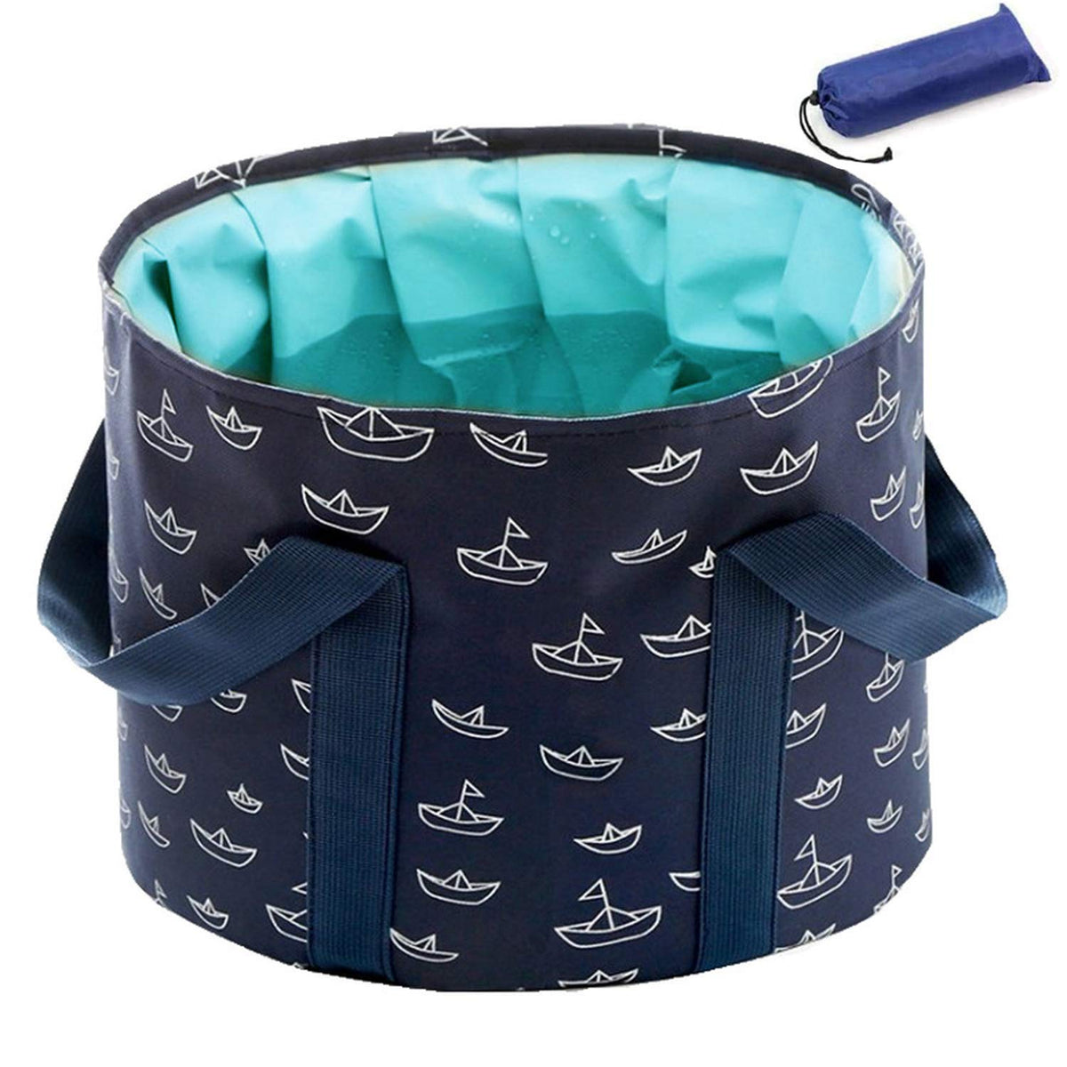 ABSOK front view navy blue collapsible bucket showing stable upright basin and compact design