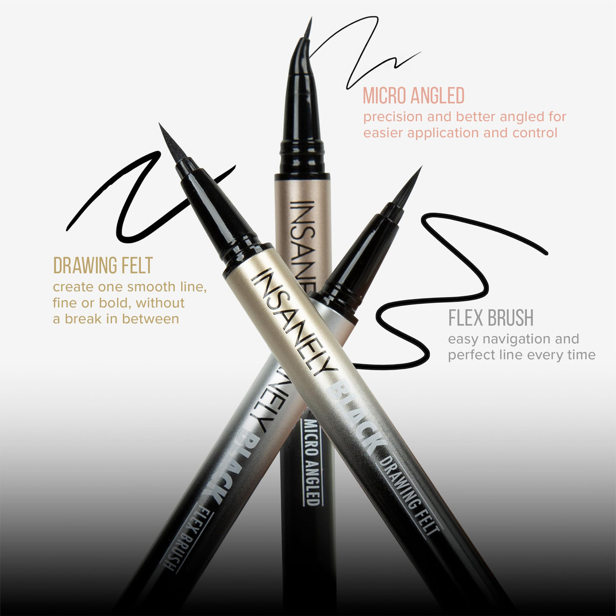Absolute New York eyeliner applied in winged eye look demonstrating intense black payoff