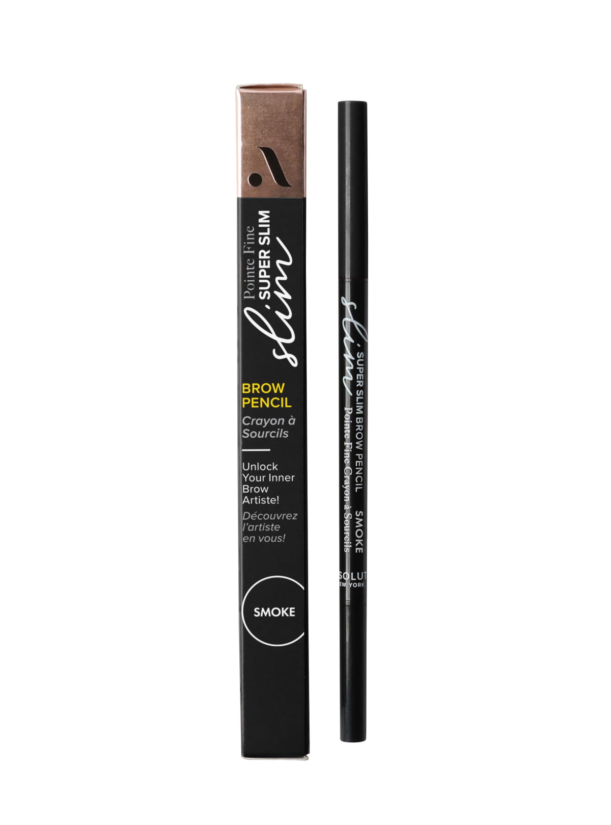 Absolute New York brow pencil front view showing dual-ended design and compact case for travel