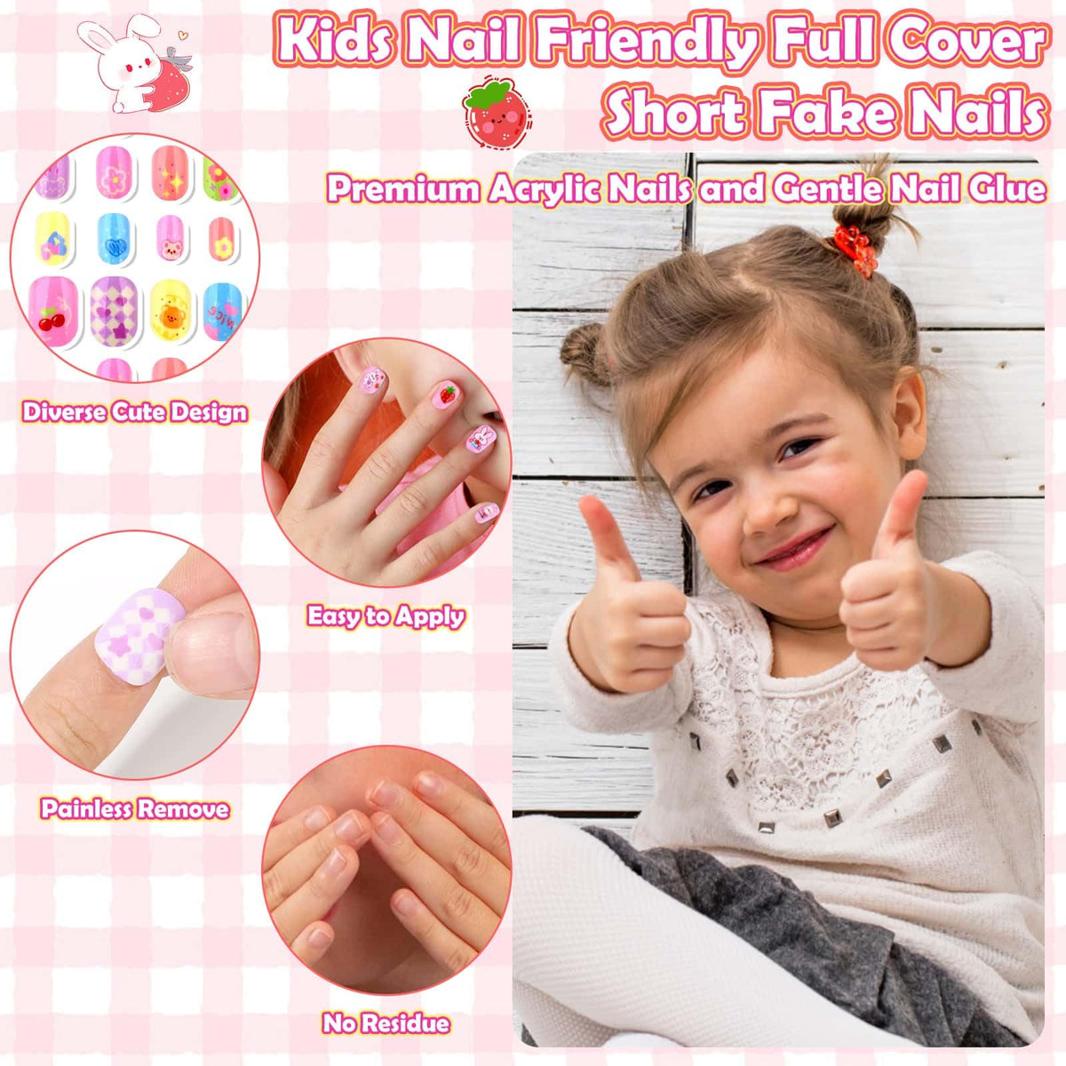 Acejoz nails applied on a child's hand illustrating playful quick-dress benefit