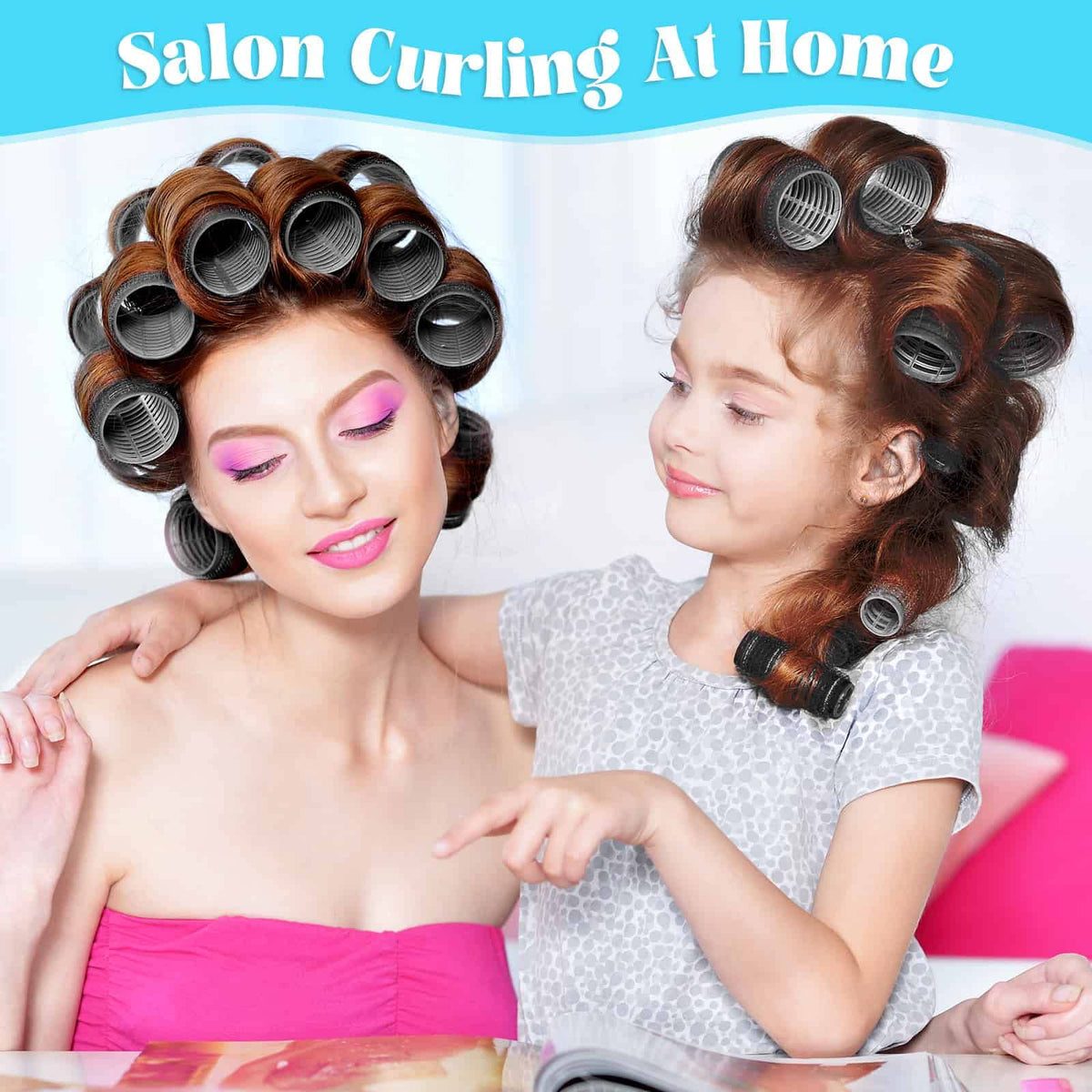 Acejoz rollers in long hair during styling demonstrating no-heat volume