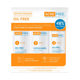 AcneFree front packaging showing complete 3-step kit and clear branding benefits