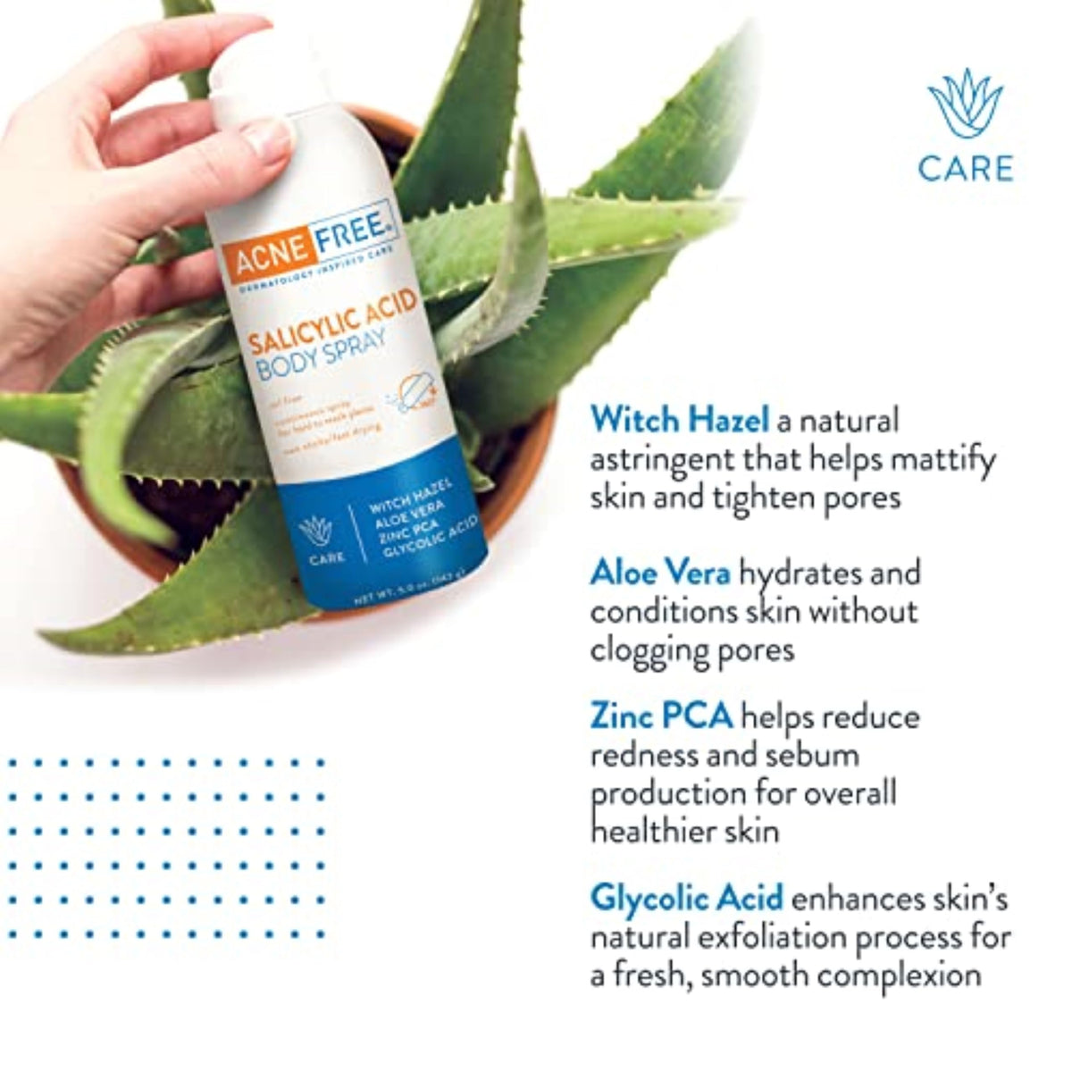 AcneFree bottle in hand for size comparison, highlighting travel-friendly 5 oz
