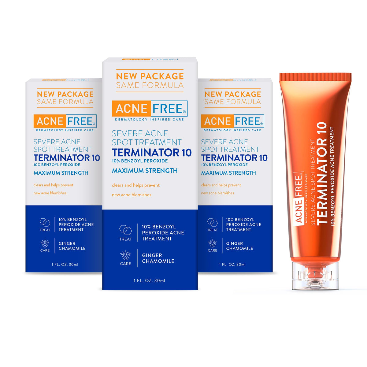 AcneFree Terminator 10 front packaging showing product and strength benefit