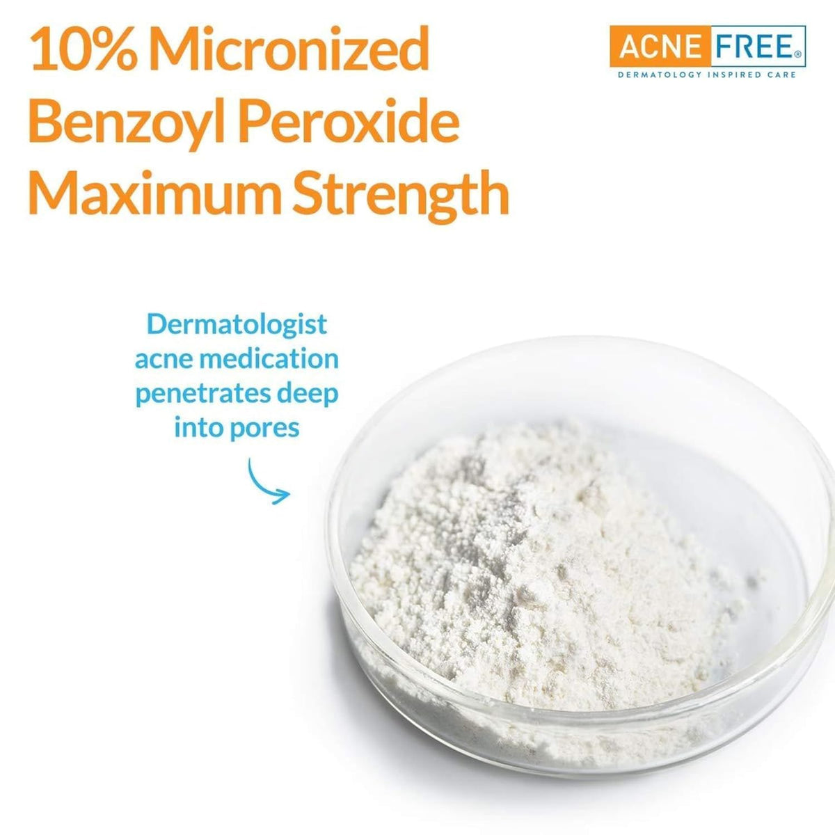 AcneFree Terminator 10 ingredients label showing benzoyl peroxide potency benefit