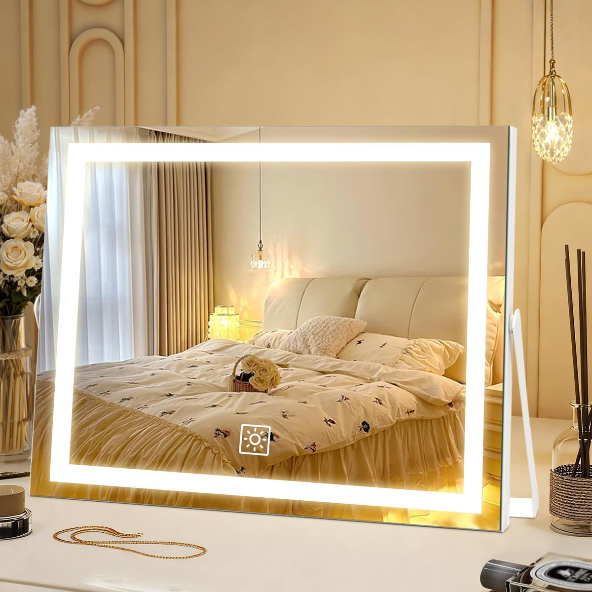 ACOLAR front view of 14-inch LED mirror showing full reflection and clean frame benefit