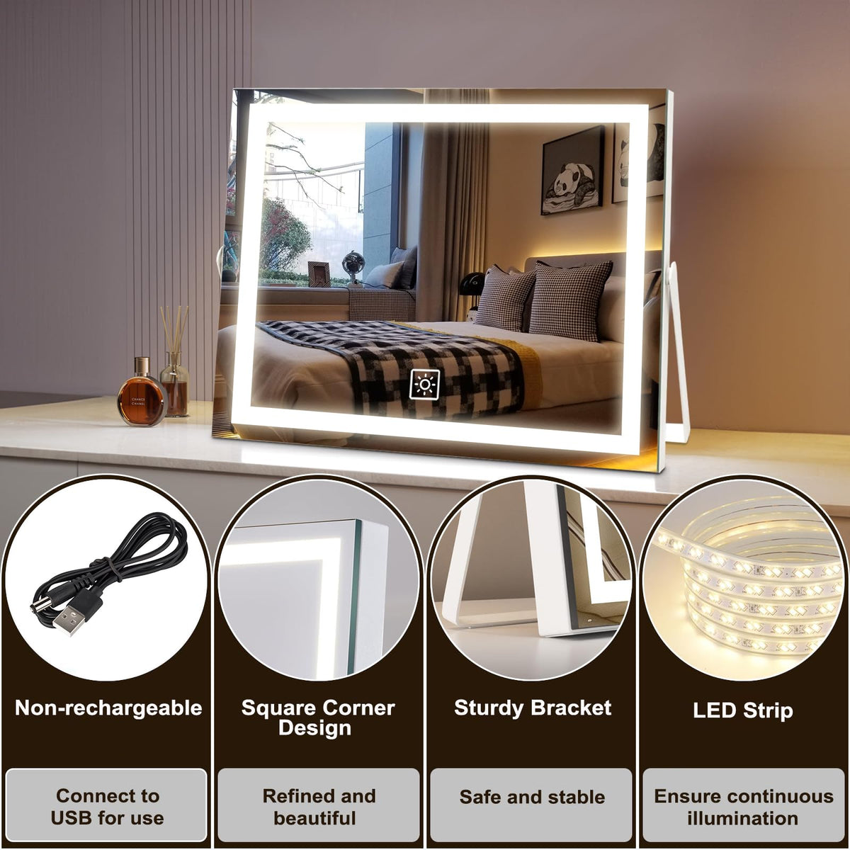 ACOLAR placed on vanity next to makeup items showing correct size and scale benefit