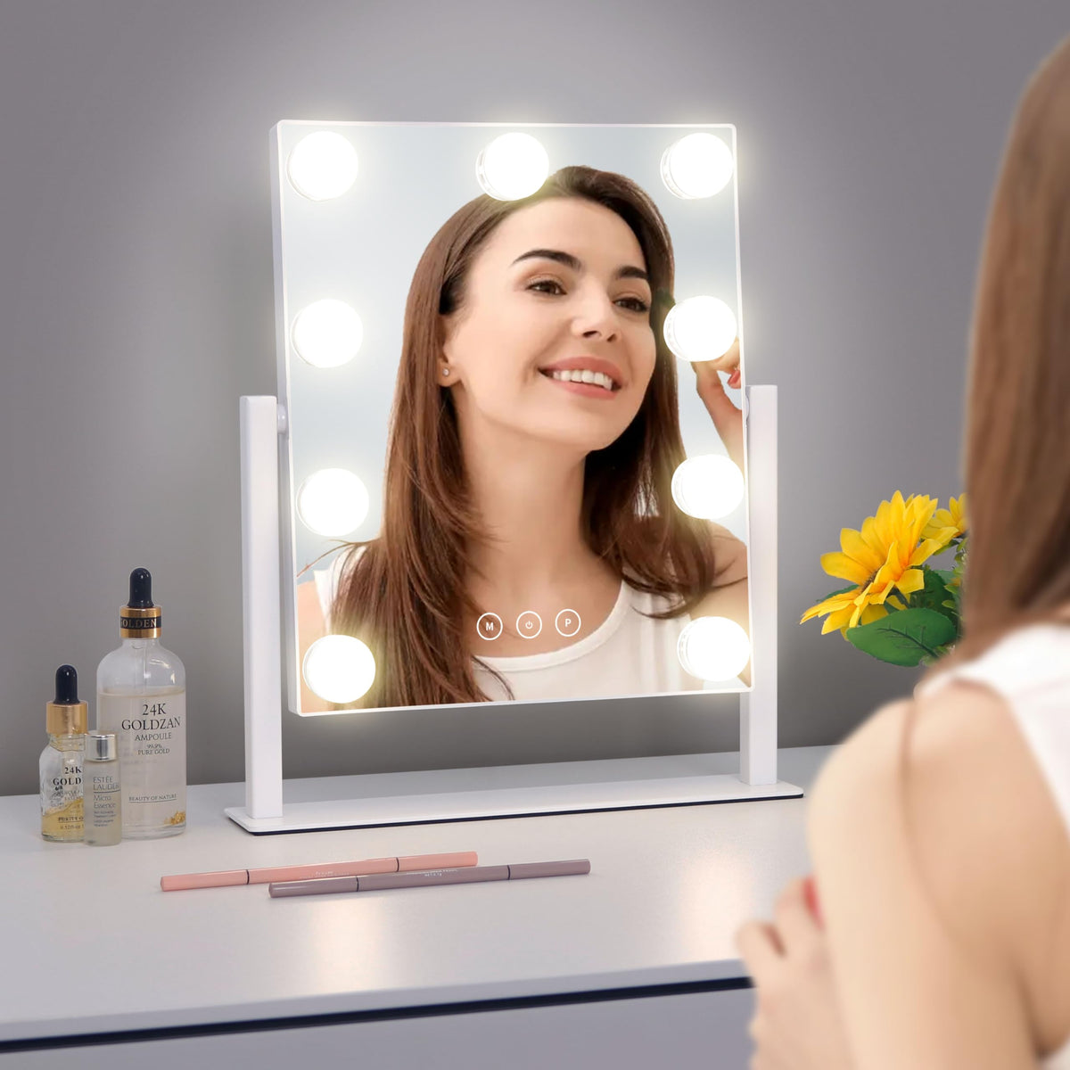 Acoolda mirror on a vanity in a bedroom setting showing real-world lighting benefits