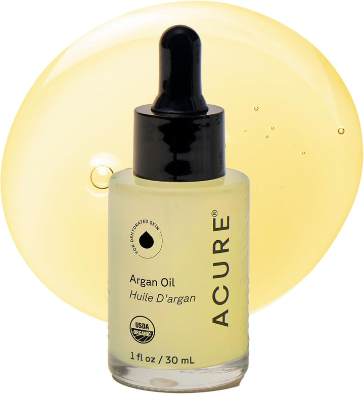 Acure argan oil front bottle showing label and 1 fl oz size for travel convenience