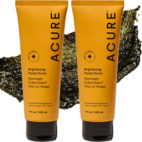 Acure brightening facial scrub front packaging showing full product, clear benefit of radiance