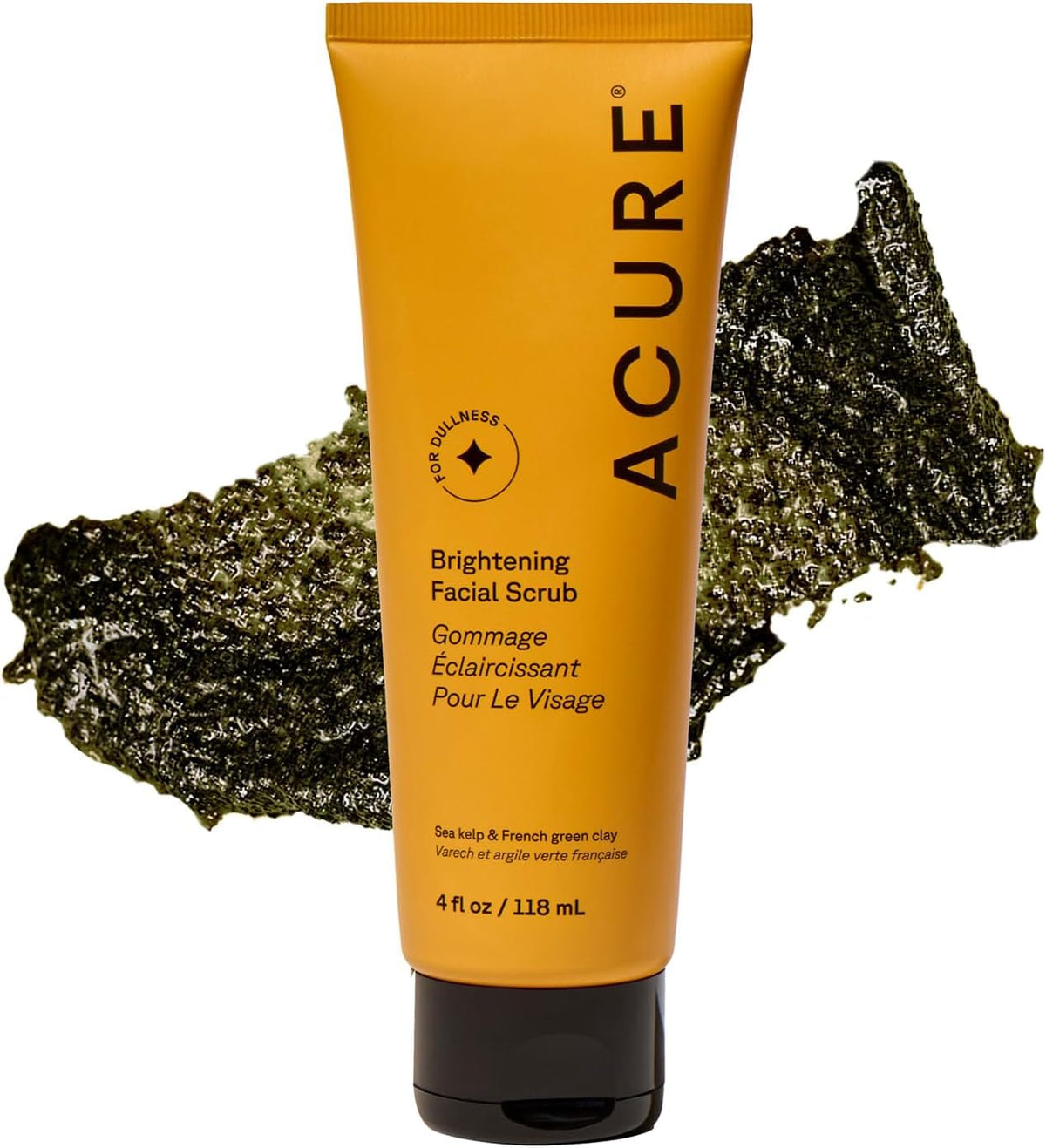 Acure front packaging of Brightening Facial Scrub showing product name and benefit