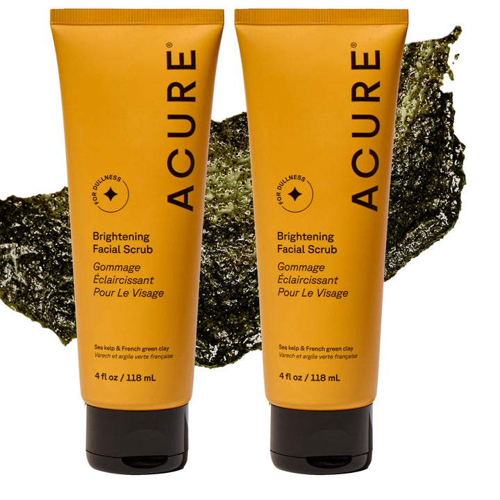 Acure brightening facial scrub front tube showing packaging and benefits
