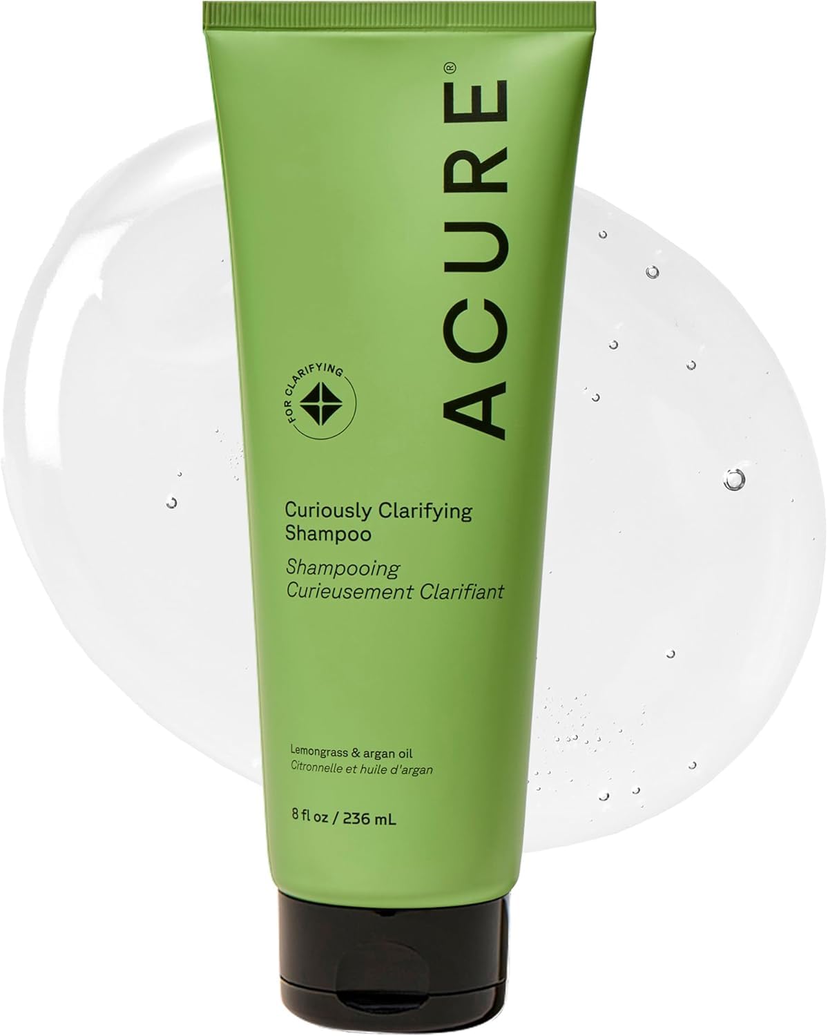 Acure front bottle showing Curiously Clarifying Shampoo for fresh scalp