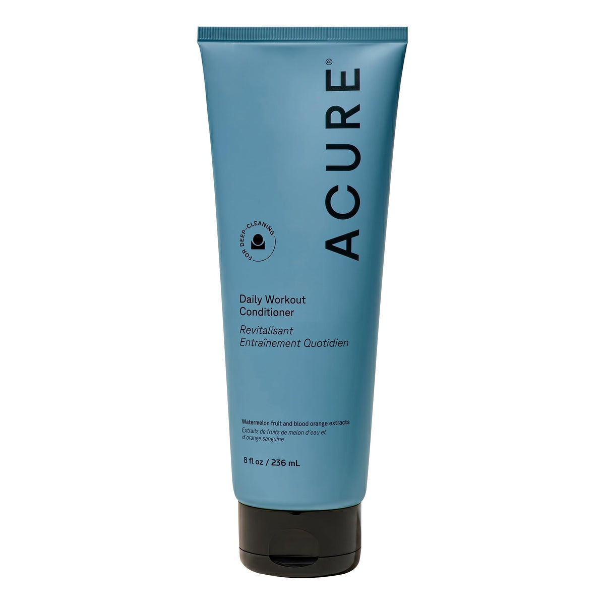 Acure front bottle of Daily Workout Watermelon Conditioner showing clean packaging benefit: clear product identity