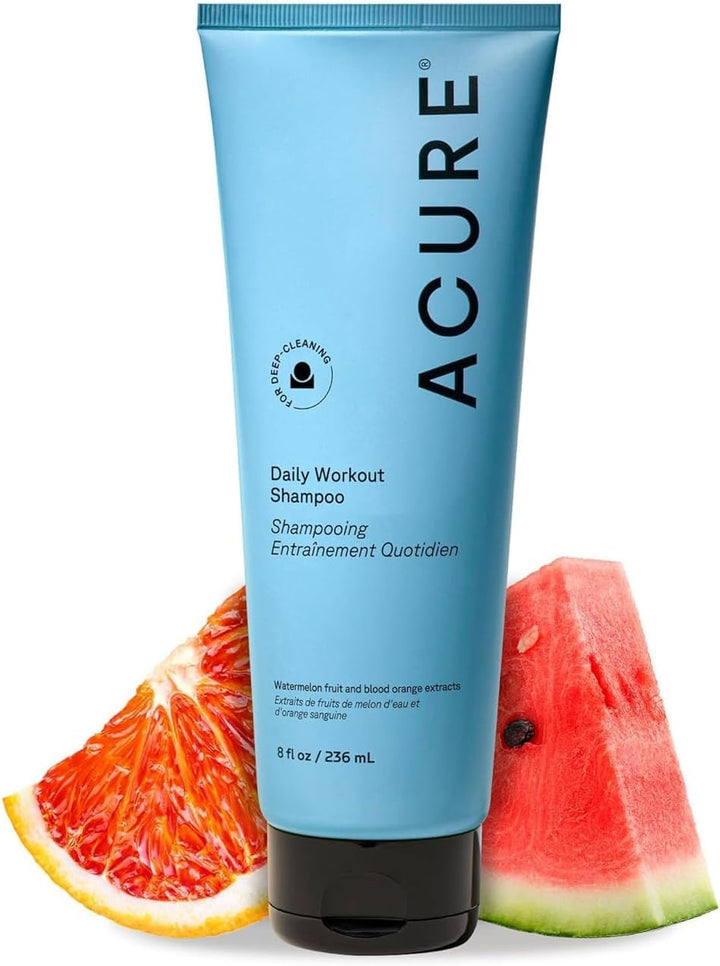Acure front packaging of Daily Workout Watermelon Shampoo showing bottle and label benefits