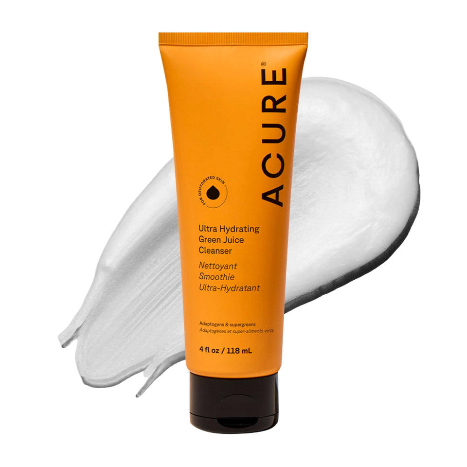 Acure bottle front view showing green juice cleanser and clear branding benefit hydration