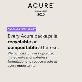 Acure label and certifications detail emphasizing vegan and cruelty-free benefits