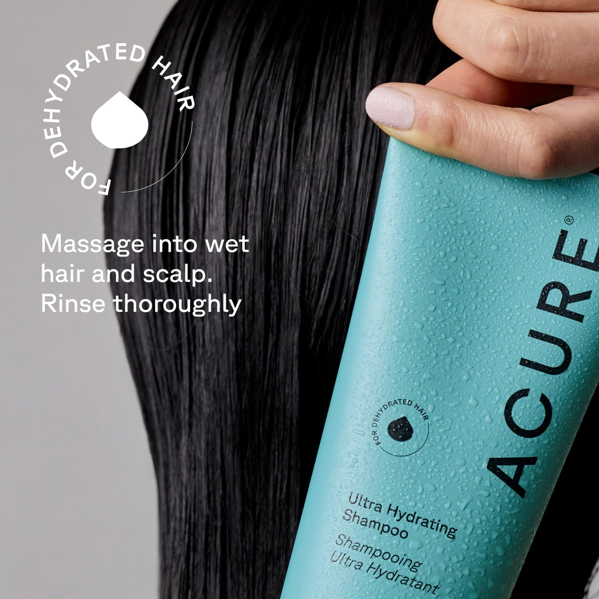 Acure bottle in a shower scene showing real-use hydration benefits