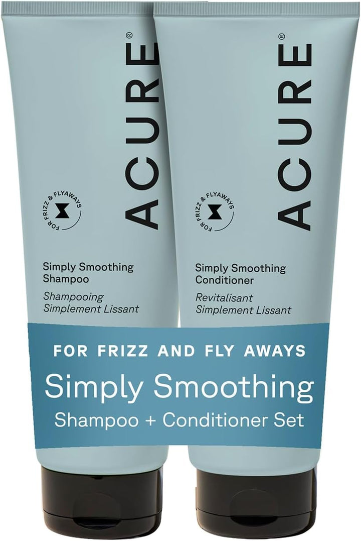 Acure simply smoothing front packaging showing duo for hydrated hair benefits