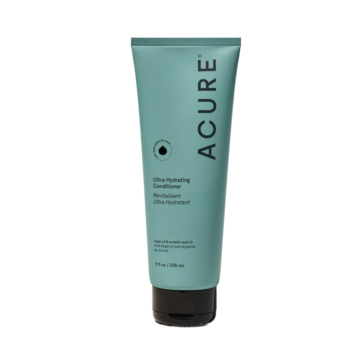 Acure bottle front view showing hydrating conditioner and benefits