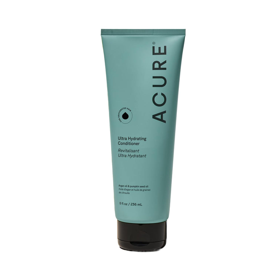 Acure bottle front view showing hydrating conditioner and benefits