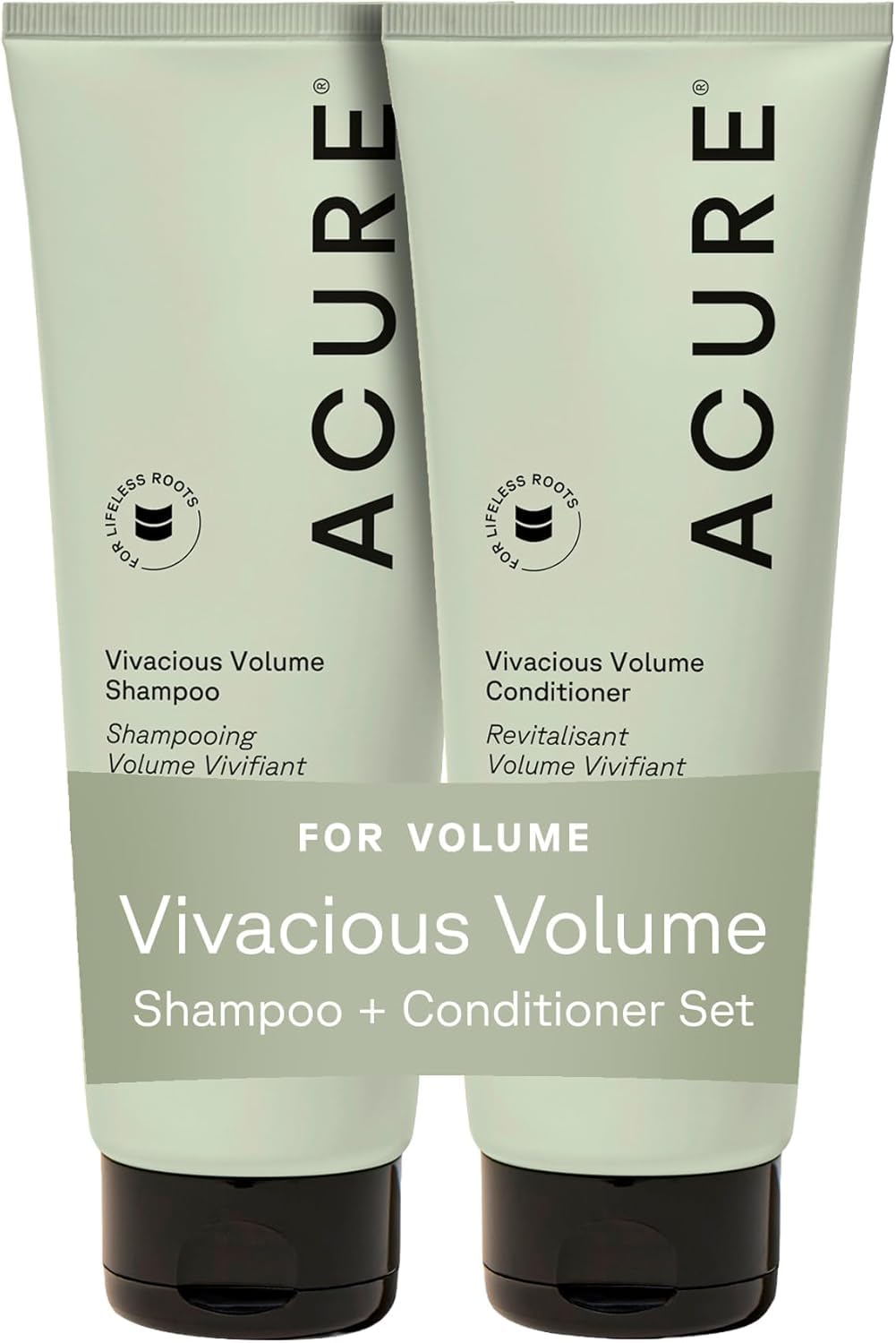 Acure front packaging showing volumizing shampoo and conditioner benefits